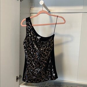 Cache One Shoulder Sequin Top Y2K Leopard Party Club Top